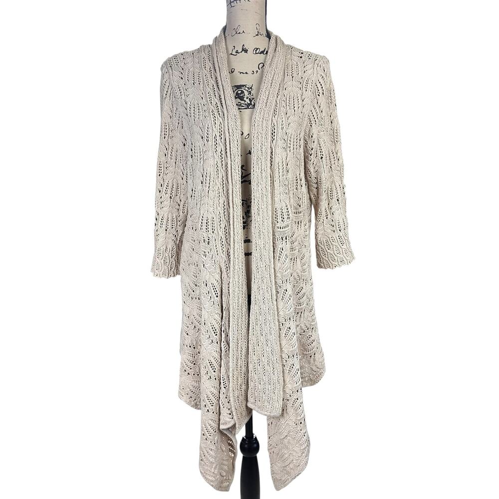 Coldwater Creek Crochet Cardigan Women Plus Size 1X Beige Open Knit Boho Sweater